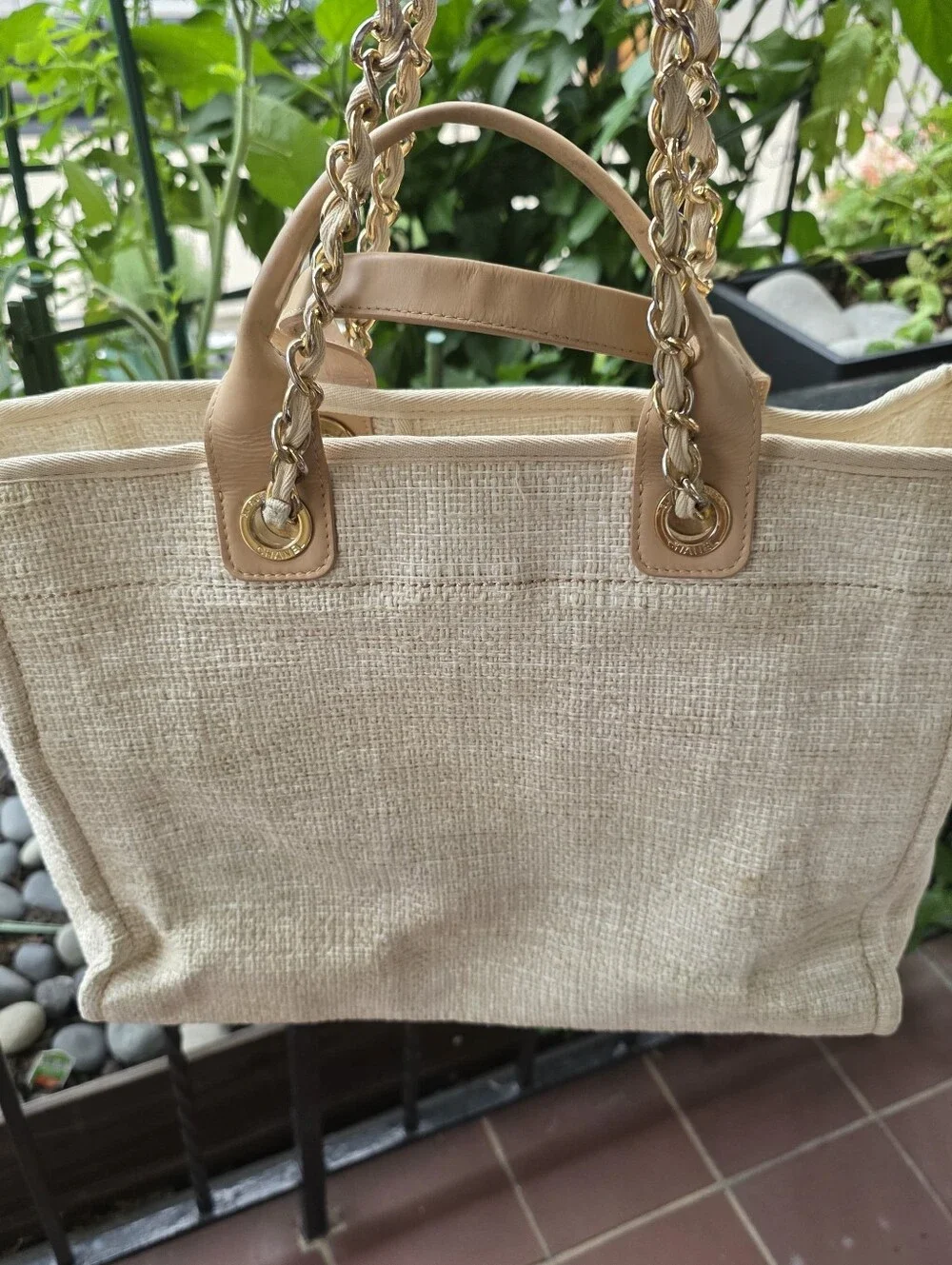 CHANEL Medium Deauville Tote Beige Raffia Glitter Gold Hardware